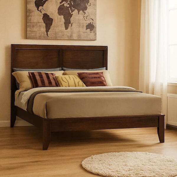 Brown Wood Frame King Size Panel Bed with Chamfered Legs