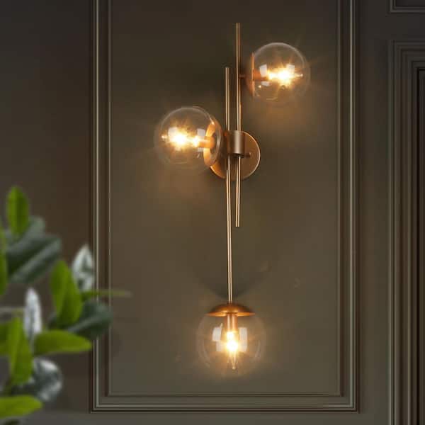 30 in. 3-Light Painted Gold Modern Bathroom Vanity Light Decorative Linear Foyer Wall Sconce with Clear Glass Globes