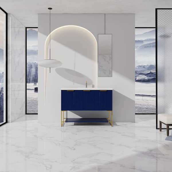 Unbranded 48 in. W x 18 in. D x 35 in. H Freestanding Single Sink Bath Vanity in Navy Blue with White Resin Top