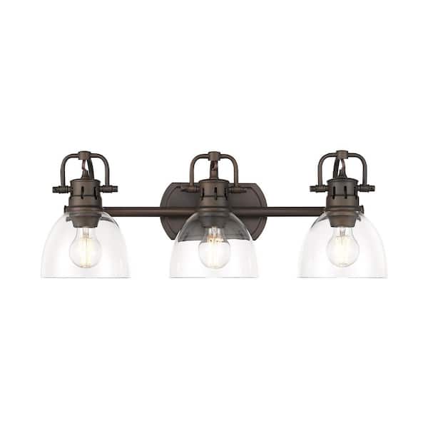 Duncan 8.25 in. 3 Light Rubbed Bronze Vanity Light with Clear Glass Shade