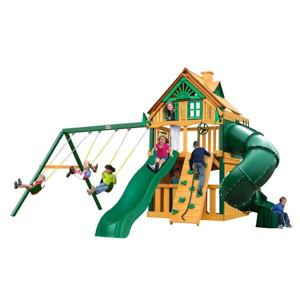 Gorilla Playsets Mountaineer Clubhouse Treehouse Wooden Swing Set with Timber ShieldPosts, 2 Slides, and Rock Climbing Wall