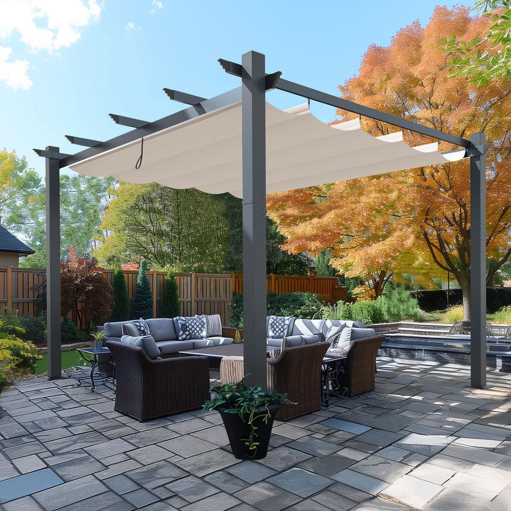 10x10 Beige Aluminum Patio Pergola with Retractable Canopy
