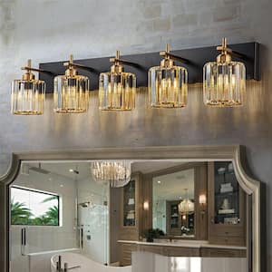 Orillia 35.4 in. 5-Light Black and Gold Bathroom Vanity Light with Crystal Shade Wall Sconce Over Mirror
