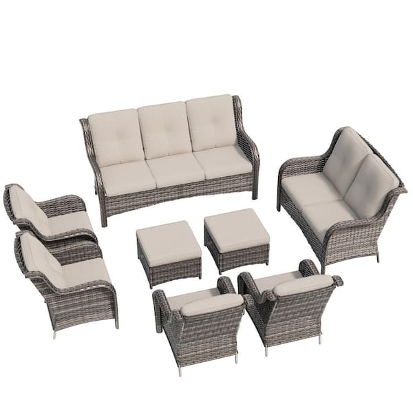 8-Piece Wicker Patio Conversation Set Yard Garden Porch with Beige Cushions