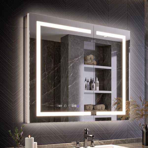42 in. W x 36 in. H Rectangular Recessed/Surface Mount Aluminum Medicine Cabinet with Mirror, LED and Clock