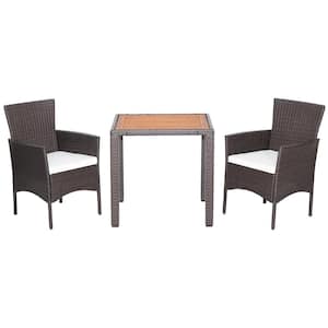 3-Piece Wicker Outdoor Dining Set Acacia Wood Table Top with Cushioned Chairs Patio Garden