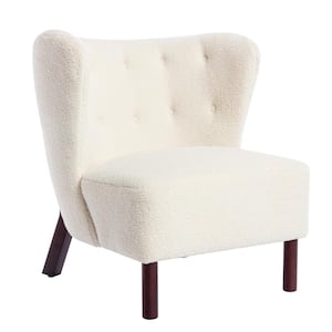 Cream Lambskin Sherpa Fabric Upholstered Accent Chair with Wingback Design, Sturdy Walnut Legs