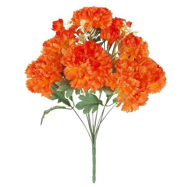 LIVING LUXURY 18 in. Orange Artificial Carnation Flower Stem Bush Bouquet (Set of 2)