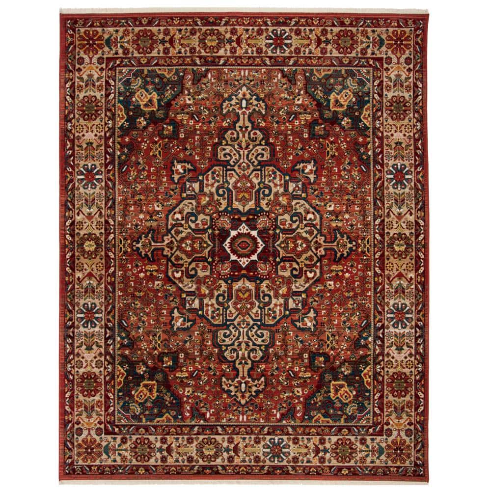Kashan Red and Ivory Synthetic 9' x 12' Traditional Area Rug