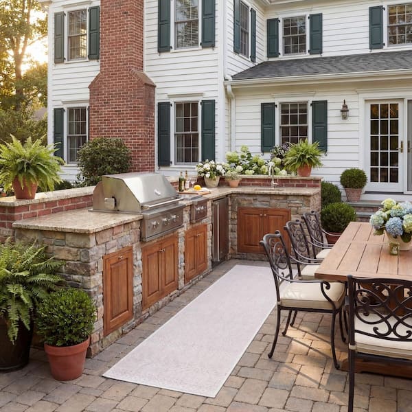 Courtyard 2 ft. x 8 ft. Ivory/Soft Pink Geometric Diamond Indoor/Outdoor Runner Rug
