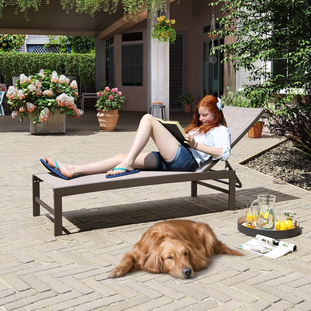 Off-White Textilene Fabric Brown Aluminum Adjustable Chaise Lounge