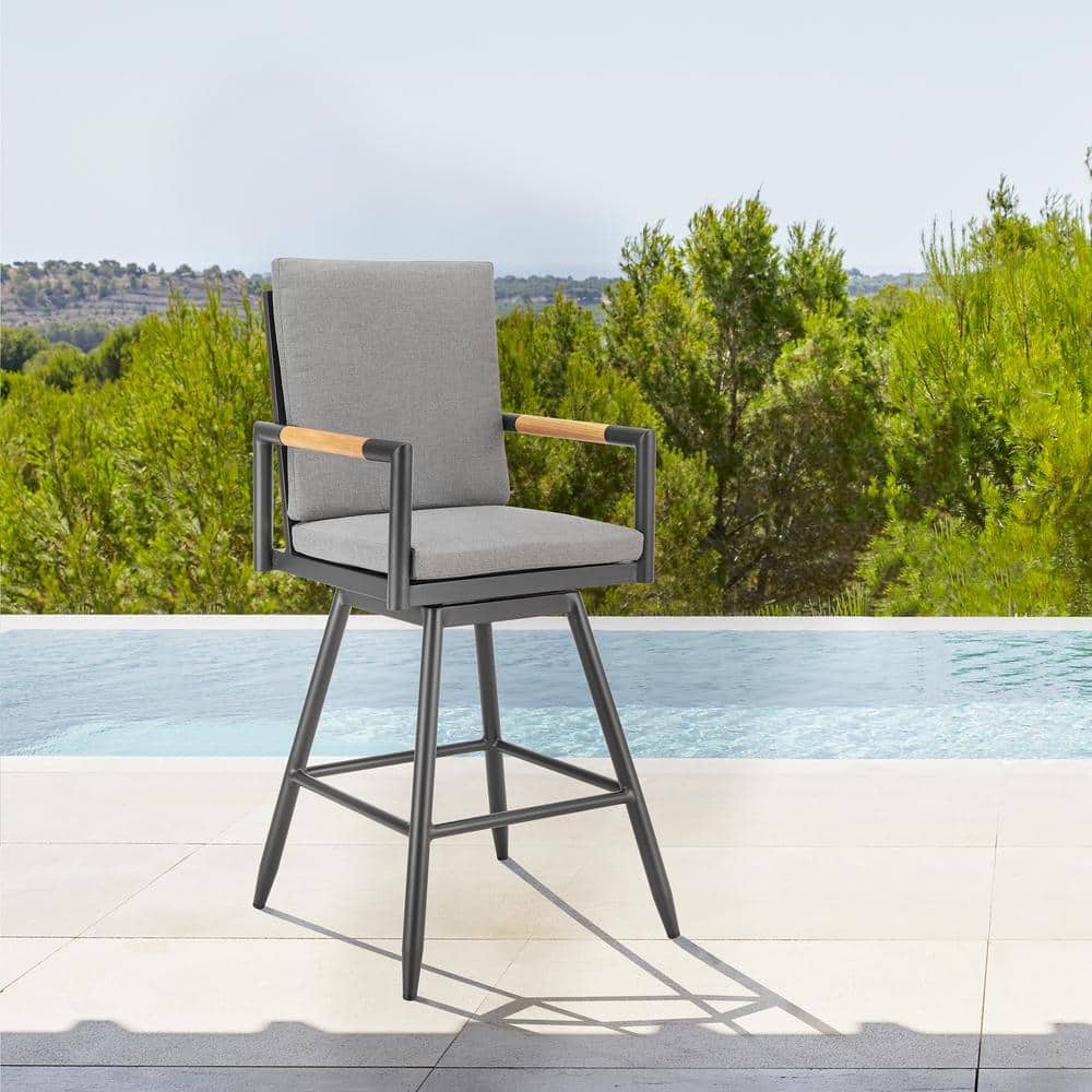 Gray Aluminum Swivel Outdoor Bar Stool with Cushions