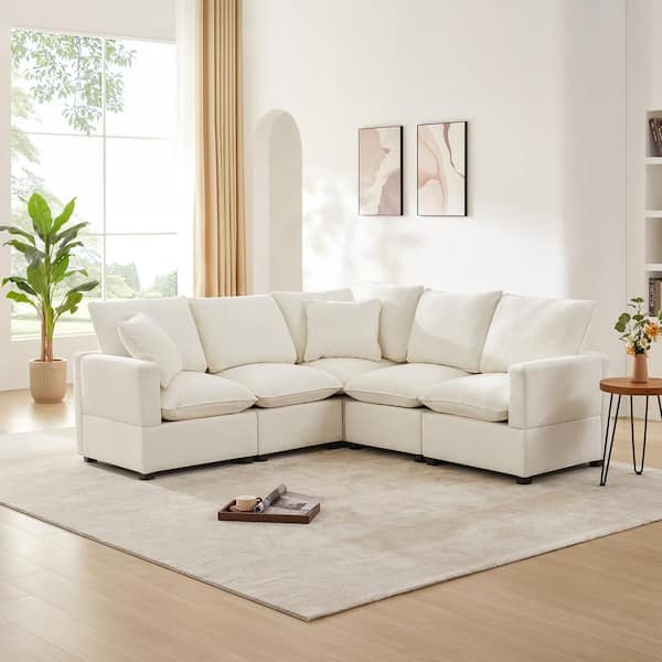 sumyeg 84 in. L-Shaped Modular Chenille Sectional Sofa in. White with 2 Pillows