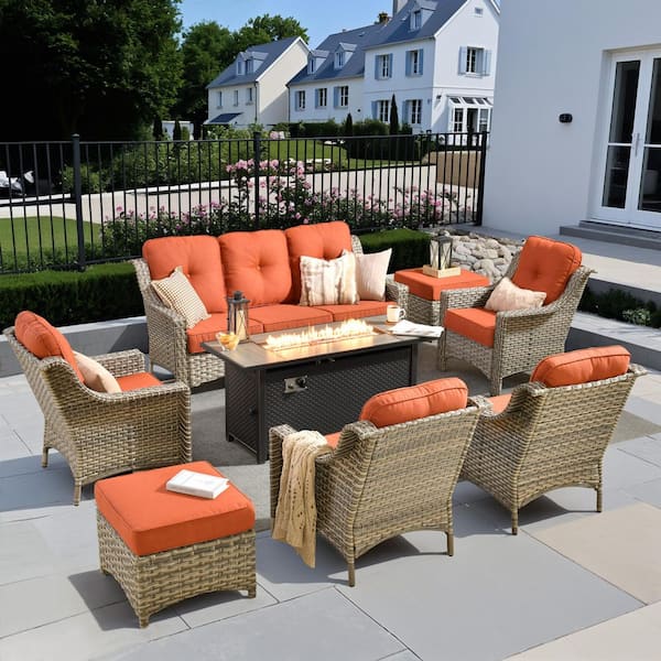 Eureka 8-Piece Wicker Outdoor Fire Pit Patio Conversation Sofa Chairs Set with Ottomans and Red Cushions