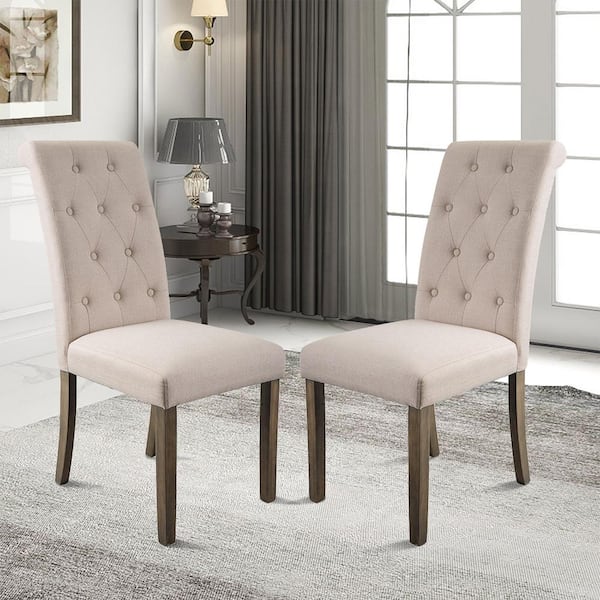 Qualler Beige Solid Wood Tufted Dining Side Chair (Set of 2)