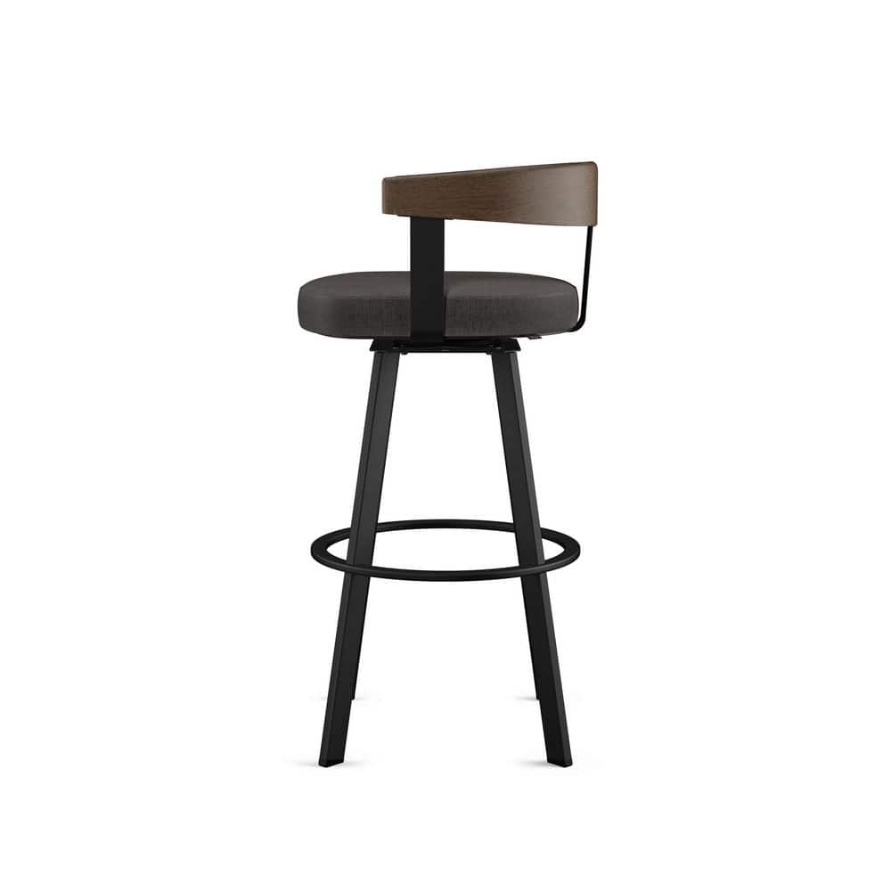 Lars 30" Gray Upholstered Swivel Barstool with Wood Back