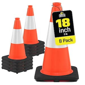 18 in, Orange Traffic Cone, 8-Pk, Safety Cones W/Rflc Collar & Heavy-Duty Base