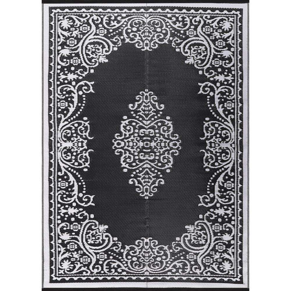 Beverly Rug 4 X 6 Black White Lightweight Medallion Reversible Plastic ...