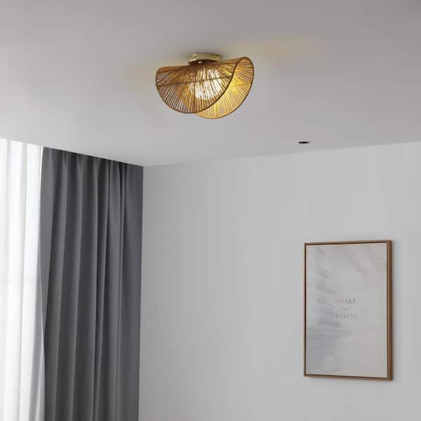 Sovev 5.6 in. Polished Brass Bohemian 1-Light Ceiling Flush Mount or Wall Sconce with Frosted Glass Rattan Shade