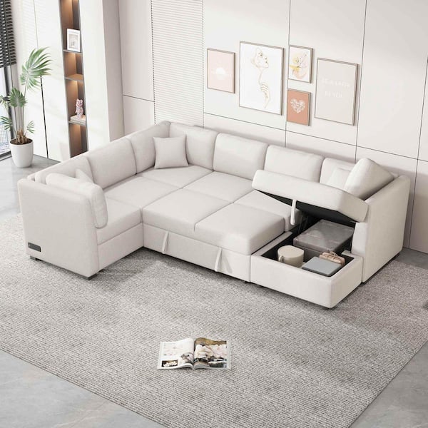 108.6 in. Square Arm Chenille Sectional Sofa with 2 USB Ports, 2 Power Sockets, 3 Back Pillows in Beige