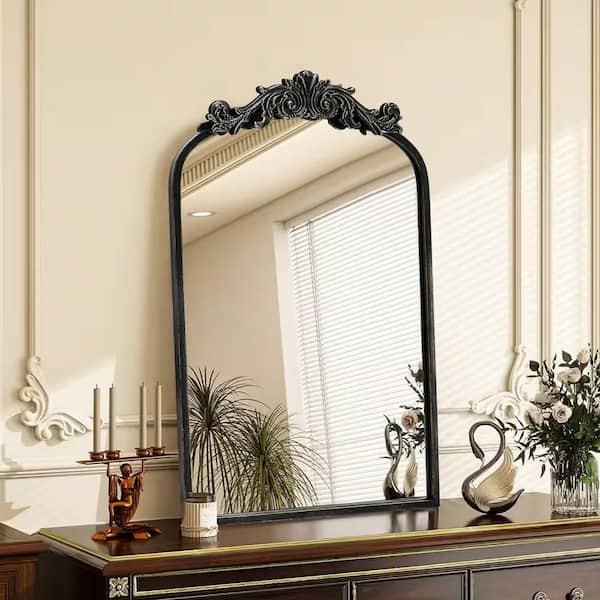 18.9 in. W x 31.1 in. H Ornate Baroque Classic Vintage Black Stainless Metal Frame Arched Wall Mirror