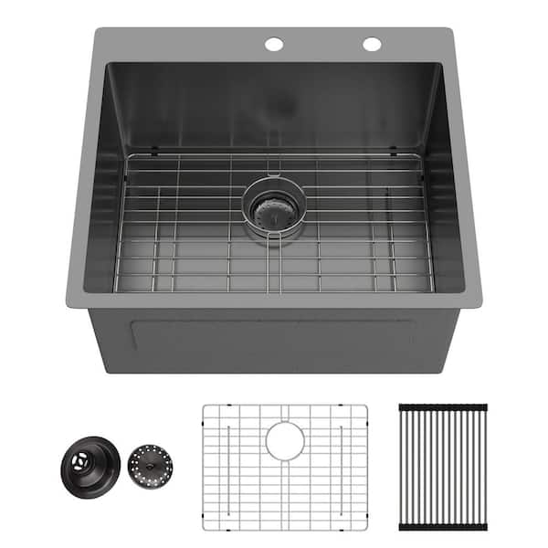 25 in. Drop-In Single Bowl 16-Gauge Gunmetal Black Stainless Steel Kitchen Sink with Bottom Grids