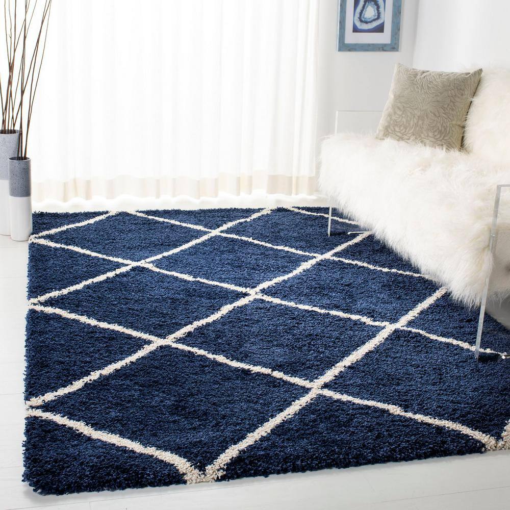 Navy and Ivory Diamond Shag Synthetic Area Rug 5'3" x 7'6"