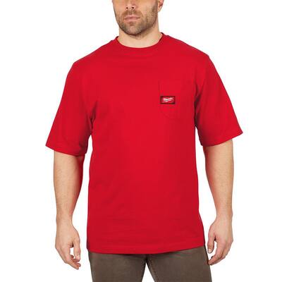 Men's Small Red Heavy Duty Cotton/Polyester Short-Sleeve Pocket T-Shirt