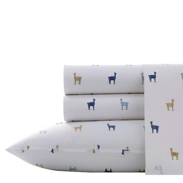 Poppy & Fritz Llamas 4-Piece Beige and Blue Graphic 200-Thread Count Cotton Percale Full Sheet Set