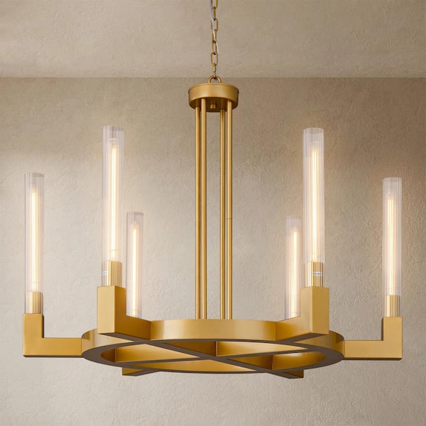35 in. 6-Light Farmhouse Chandelier, Gold Wagon Wheel Chandelier with Glass Tube for Dining Room, Living Room, Entryway