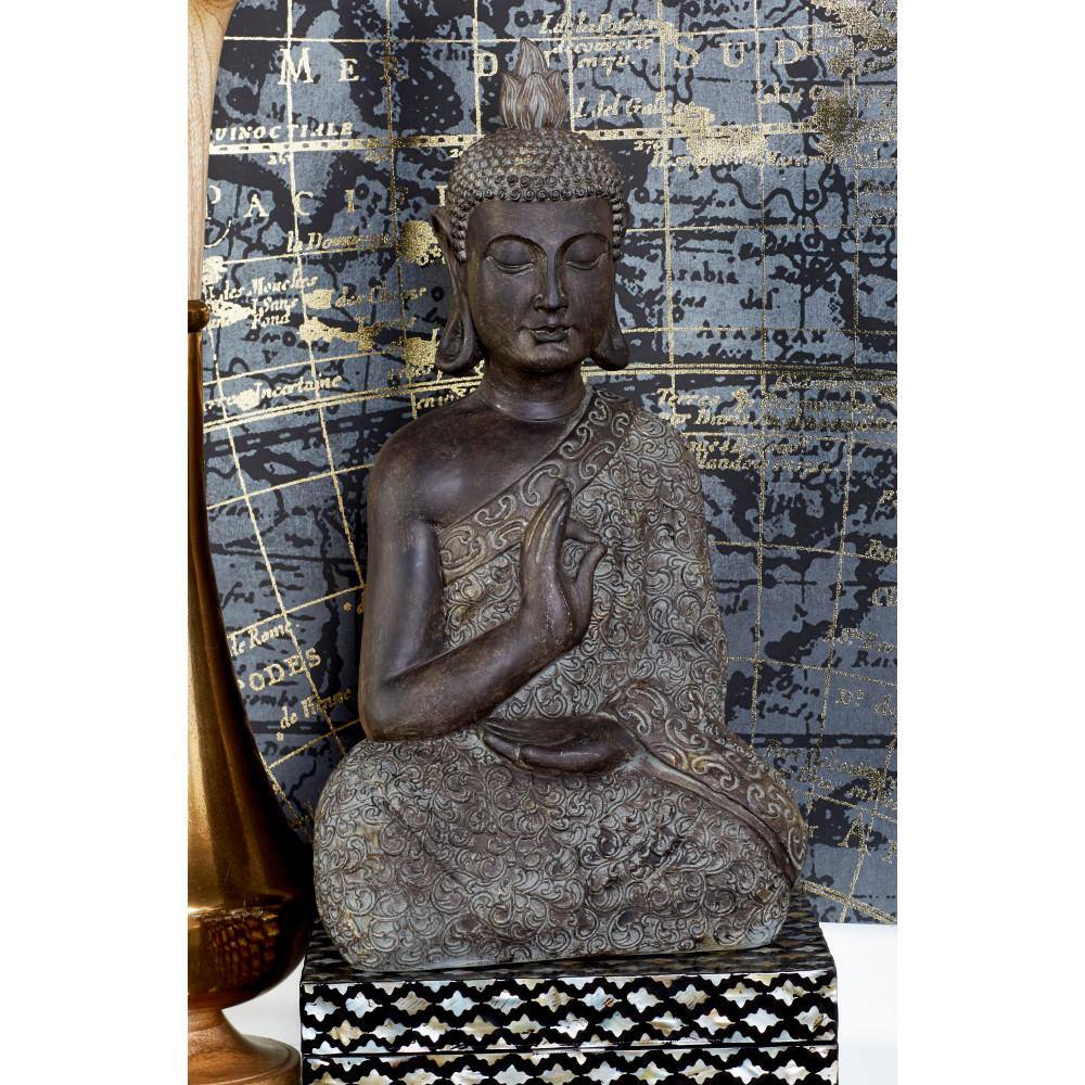 Brown Polystone Meditating Buddha Sculpture with Engraved Carvings