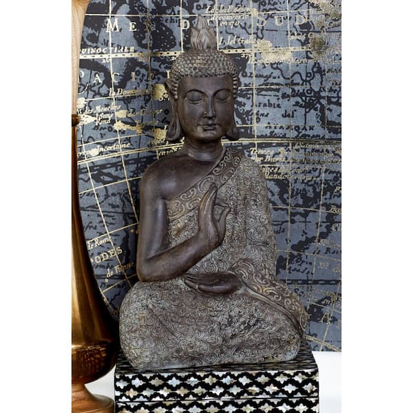 Brown Polystone Meditating Buddha Sculpture with Engraved Carvings and Relief Detailing