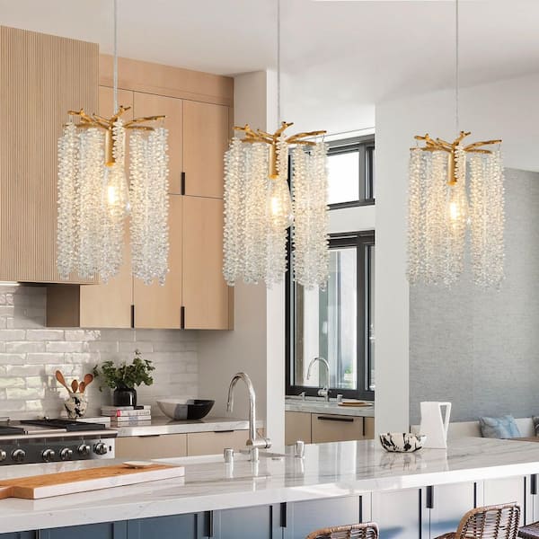 Luxury 3-Pack 3 Lights Crystal Pendant Lights, Elegant Golden Finish Chandelier with Waterfall Bead Design (No Bulbs）