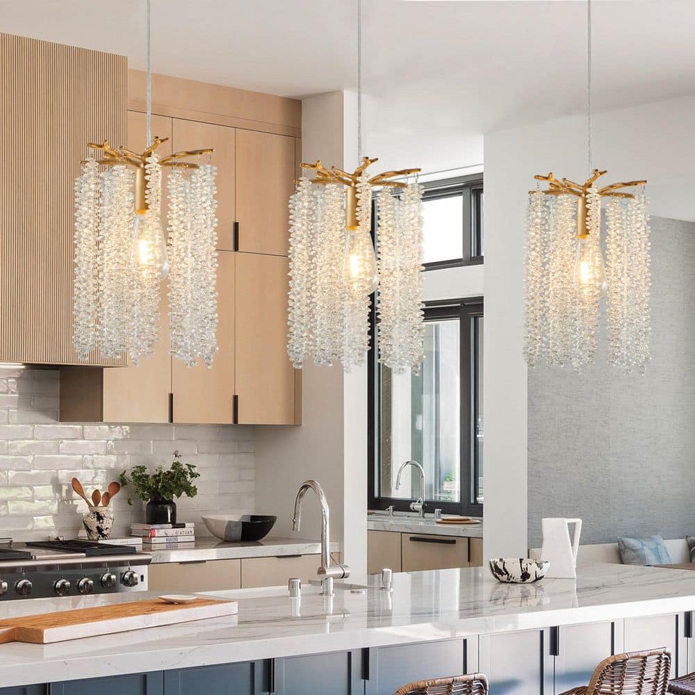 Luxury 3-Pack 3 Lights Crystal Pendant Lights, Elegant Golden Finish Chandelier with Waterfall Bead Design (No Bulbs） price history on PriceWatchPro