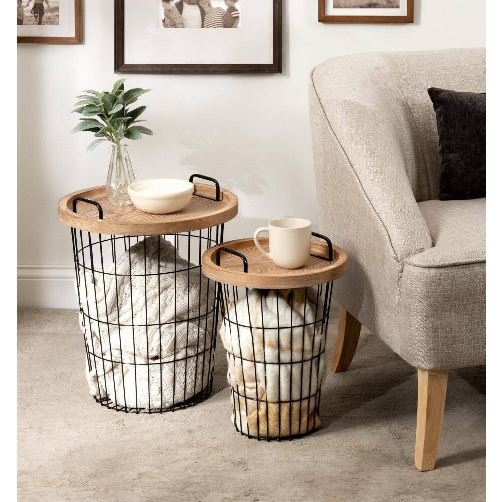 Rustic Brown and Black Round Wood & Metal Nesting End Tables, 2-Piece Set