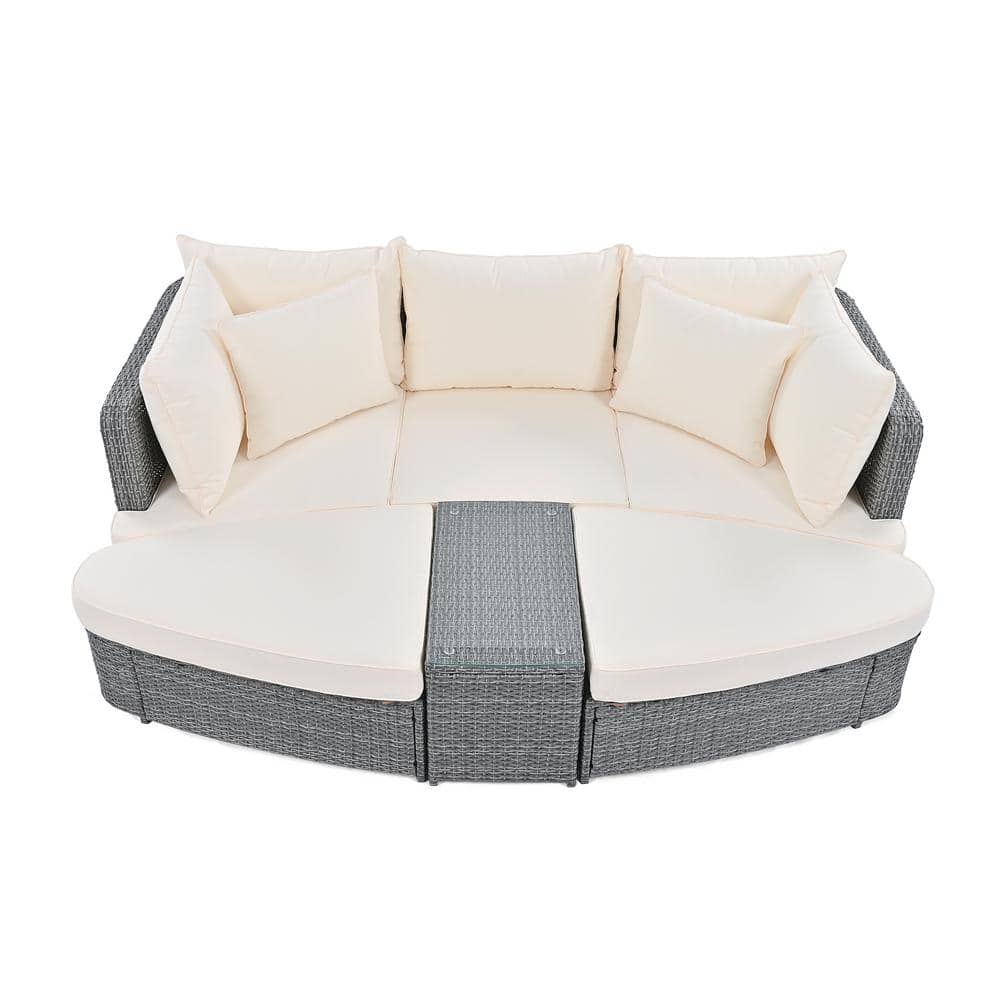 Gray PE Wicker Rattan 6-Piece Patio Outdoor Conversation Round Day Bed Sofa