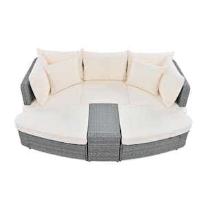 Gray PE Wicker Rattan 6-Piece Patio Outdoor Conversation Round Day Bed Sofa Set with Coffee Table and Beige Cushions