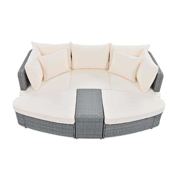 Unbranded Gray PE Wicker Rattan 6-Piece Patio Outdoor Conversation Round Day Bed Sofa Set with Coffee Table and Beige Cushions