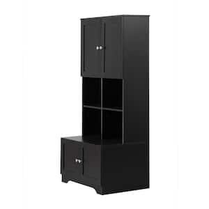 31 in. W x 12 in. D x 67 in. H Black Linen Cabinet with Four Doors and Open Multi-Layer Shelves