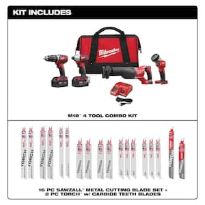 M18 18V Lithium-Ion Cordless Combo Kit with Two 3.0Ah Batteries, Charger, Tool Bag (4-Tool) with SAWZALL Blade Set