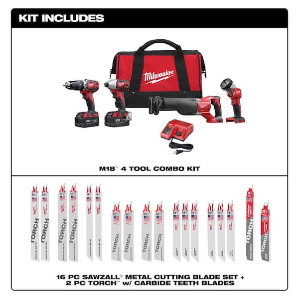 M18 18V Lithium-Ion Cordless Combo Kit with Two 3.0Ah Batteries, Charger, Tool Bag (4-Tool) with SAWZALL Blade Set