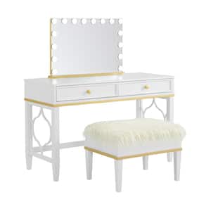 Emma 2-Piece White and Gold Makeup Vanity Set with Mirror and Stool