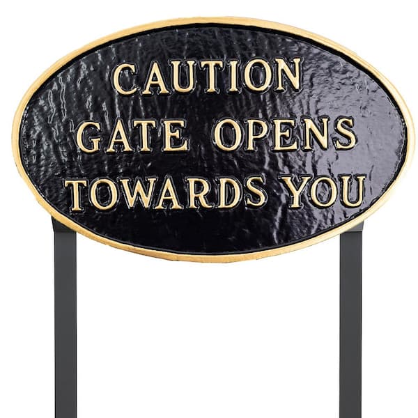 Montague Metal Products 10 in. x 18 in. Large Oval Caution Gate Opens Towards You Statement Plaque Sign with Lawn Stakes - Black/Gold