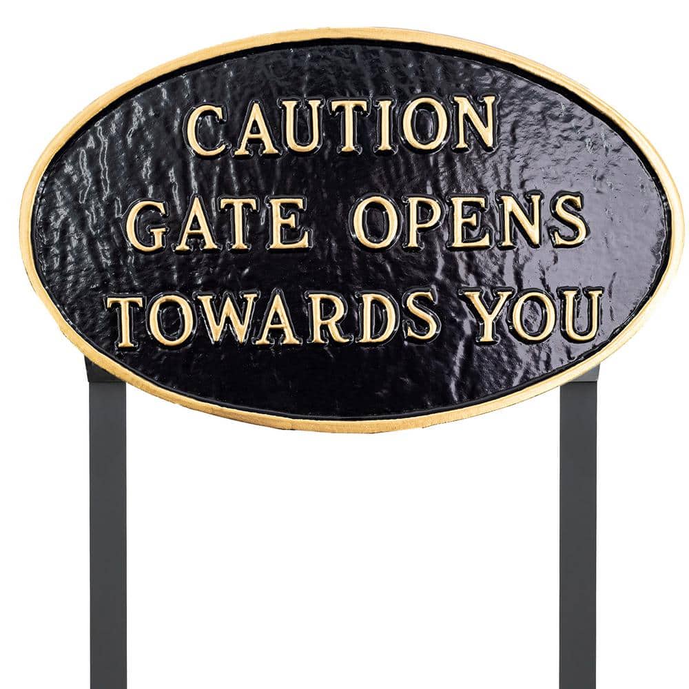 10 in. x 18 in. Large Oval Caution Gate Opens Towards You Statement Plaque Sign with Lawn Stakes - Black/Gold price history on PriceWatchPro