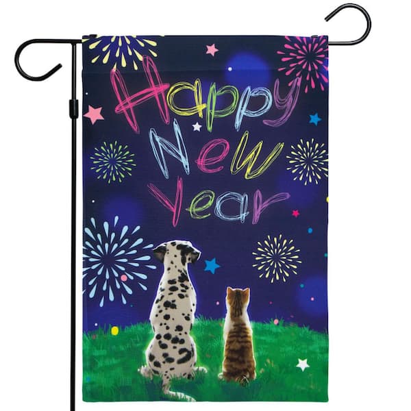 G128 1 ft. x 1.5 ft. Polyester New Year Dog and Cat Watching Fireworks 2-Sided Garden Flag Printed Blockout