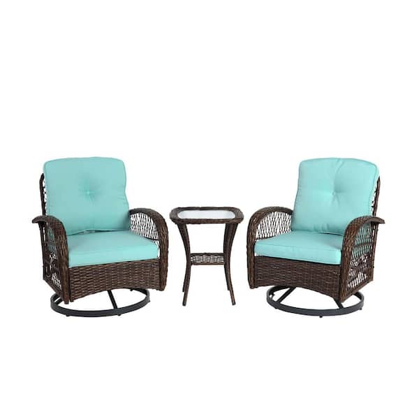 Sudzendf 3-Piece Wicker Patio Conversation Set with Blue Cushions, Swivel Rocker Patio Chairs and Glass Coffee Table