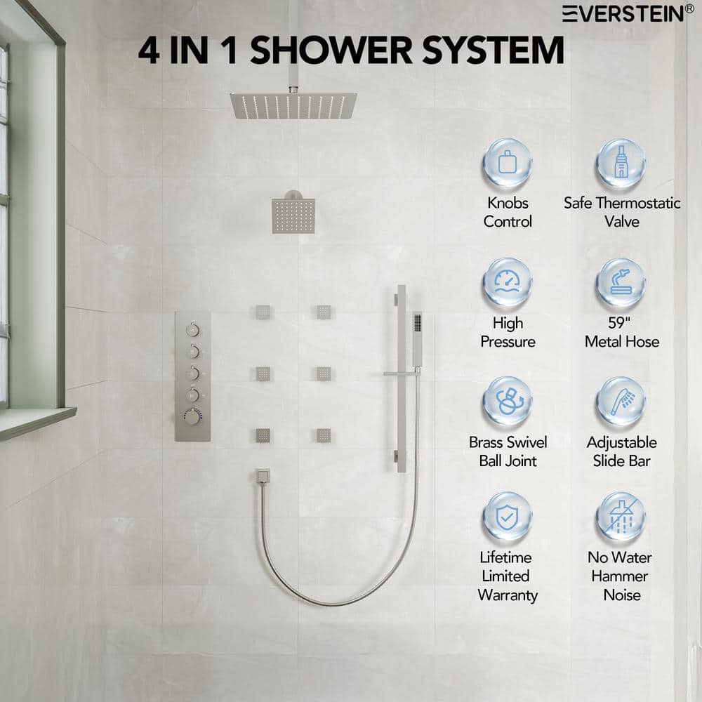 DualJetSpa 16" & 6" Brushed Nickel Dual Shower Head System with Body Jets