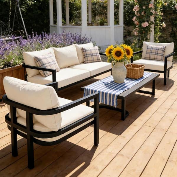 Coporesell 4-Piece Steel Patio Conversation Set with Beige Cushions ...