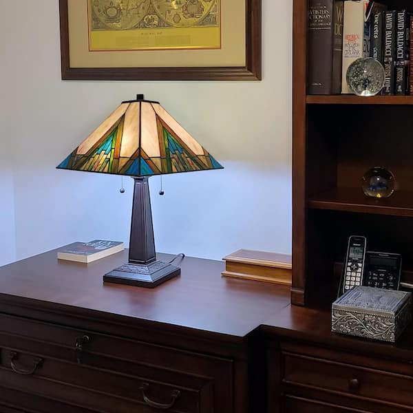 Tiffany 22 in. Green and Ivory Table Lamp with Stained Glass Shade