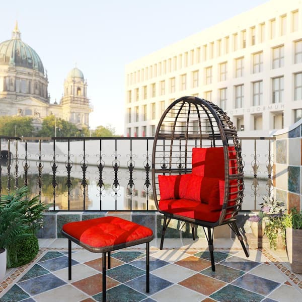Wicker Outdoor Lounge Chair with Red Cushiona and Ottoman